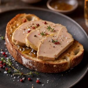 Un foie gras entier de canard du Gers présenté sur une planche en bois rustique avec de la fleur de sel, des grains de poivre noir et des figues fraîches
![
