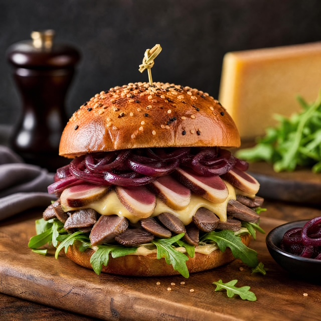 Un foie gras entier de canard du Gers présenté sur une planche en bois rustique avec de la fleur de sel, des grains de poivre noir et des figues fraîches
![Burger gesiers confit et magret séché