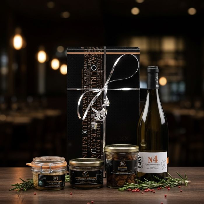 Coffret plaisir à partager : boîte noire au ruban argent, conserves de la ferme et bouteille de vin