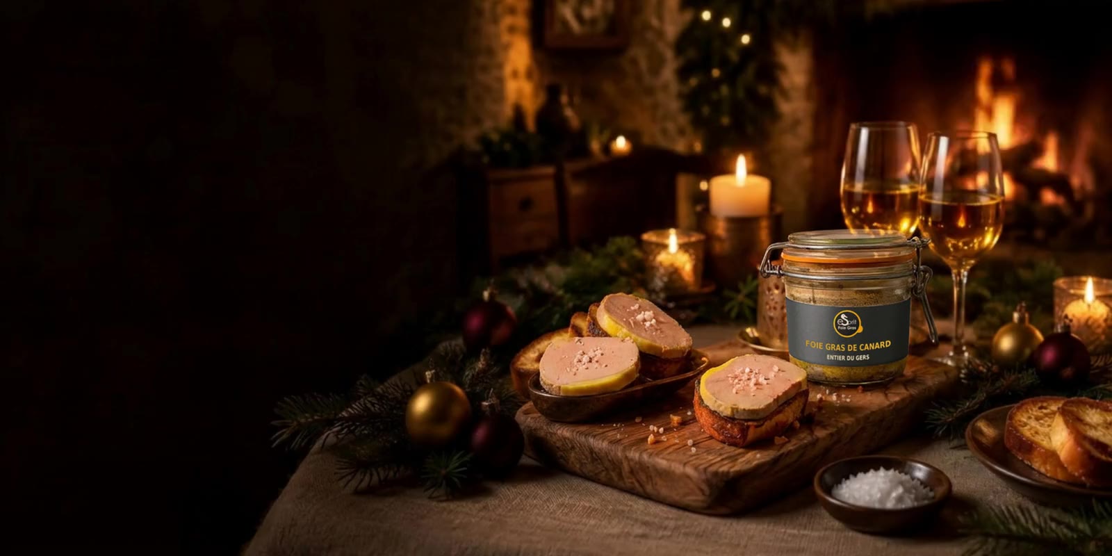 Bocal de foie gras de canard entier du Gers Esprit Foie Gras posé sur une planche, toasts, bougies et coin du feu