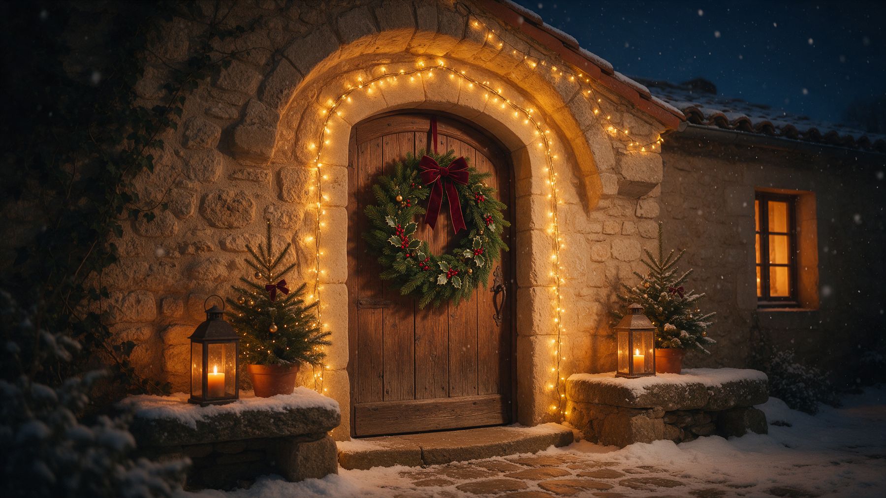 Porte de ferme décorée d’une couronne de Noël, lanternes et guirlandes lumineuses sous la neige